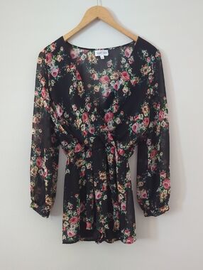 Black Floral Romper with Pink Roses